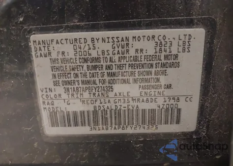 2015 Nissan Sentra Fe+ S/S/Sl/Sr/Sv из США, поврежденный, VIN 3N1AB7AP8FY274325